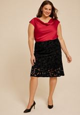 Plus Size Studio Y Black Floral Lace High Rise Midi Skirt, C106, small