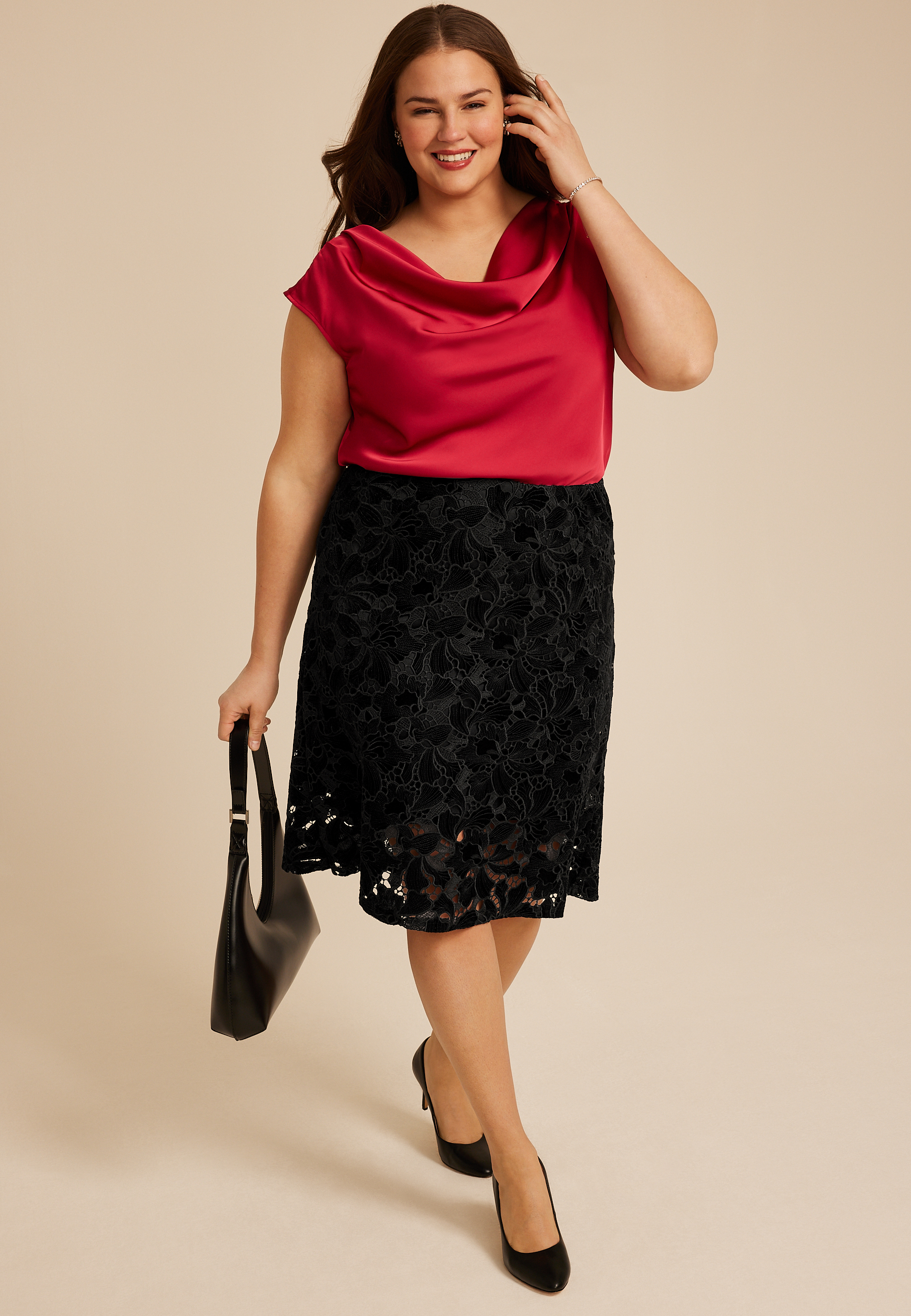 Plus Size Studio Y Black Floral Lace High Rise Midi Skirt, C106, large