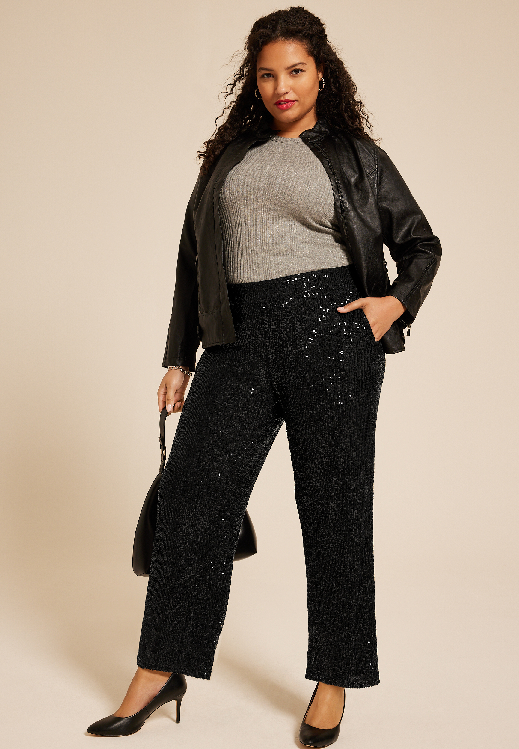 Plus Size Studio Y Sequin High Rise Wide Leg Pant, C106, large