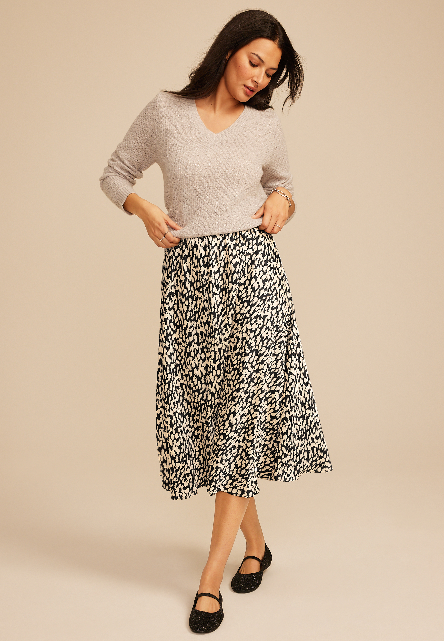Satin High Rise Midi Skirt, , large