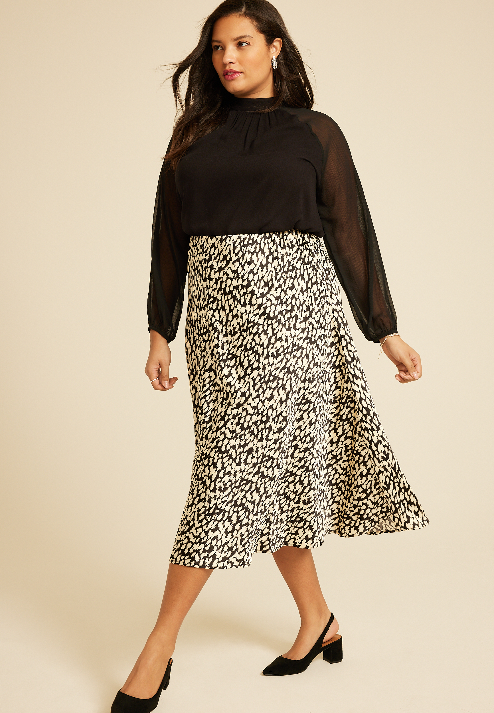Plus Size Satin High Rise Midi Skirt, , large