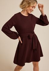 Jacquard Bubble Sleeve Belted Mini Dress, BURGUNDY, small