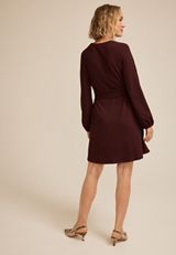 Jacquard Bubble Sleeve Belted Mini Dress, BURGUNDY, small