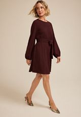 Jacquard Bubble Sleeve Belted Mini Dress, BURGUNDY, small