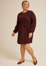 Plus Size Jacquard Bubble Sleeve Belted Mini Dress, BURGUNDY, small
