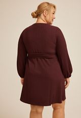 Plus Size Jacquard Bubble Sleeve Belted Mini Dress, BURGUNDY, small