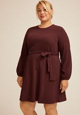 Plus Size Jacquard Bubble Sleeve Belted Mini Dress, BURGUNDY, small