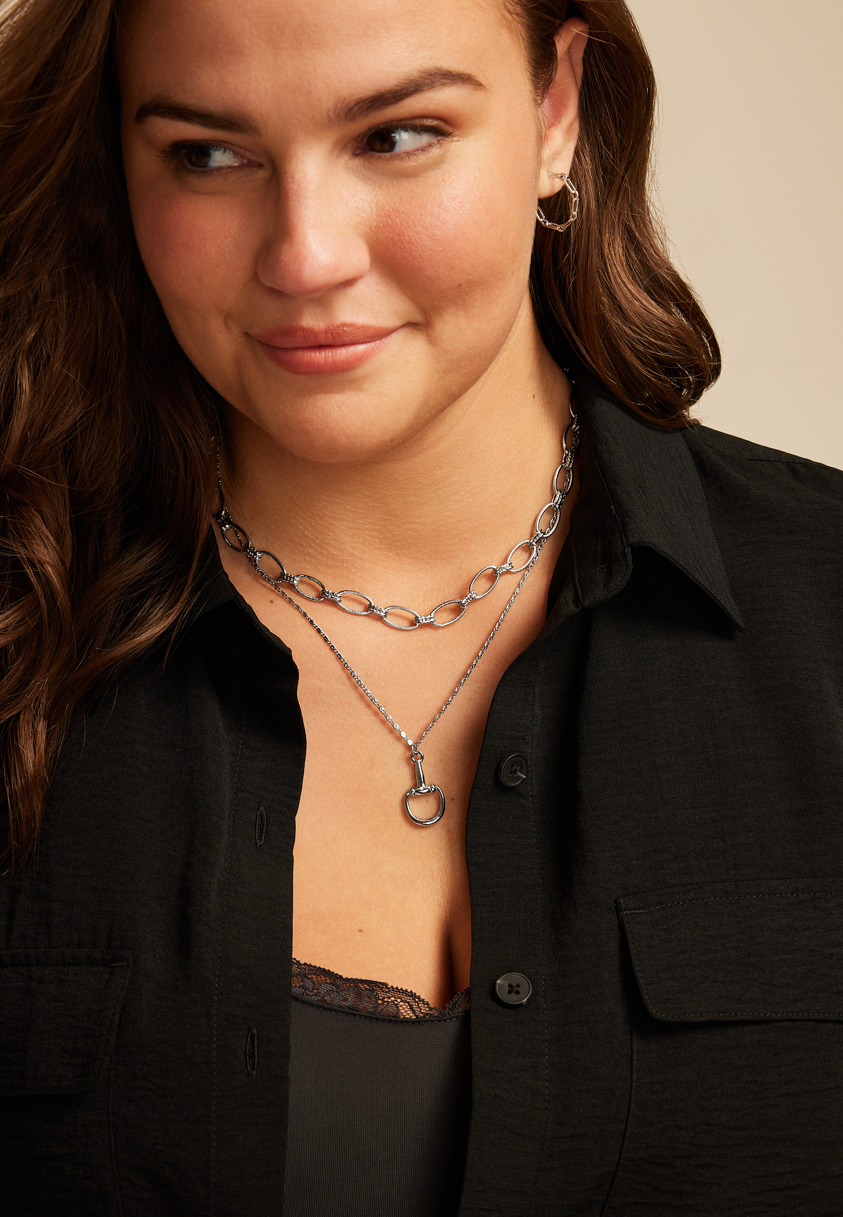 Silver Stirrup Pendant Layered Necklace, C431, large