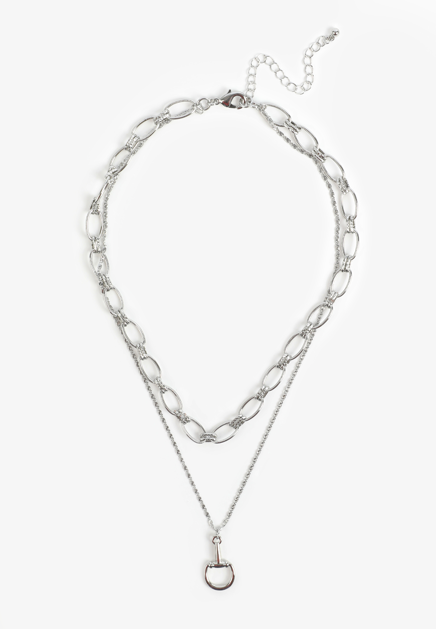 Silver Stirrup Pendant Layered Necklace, C431, large