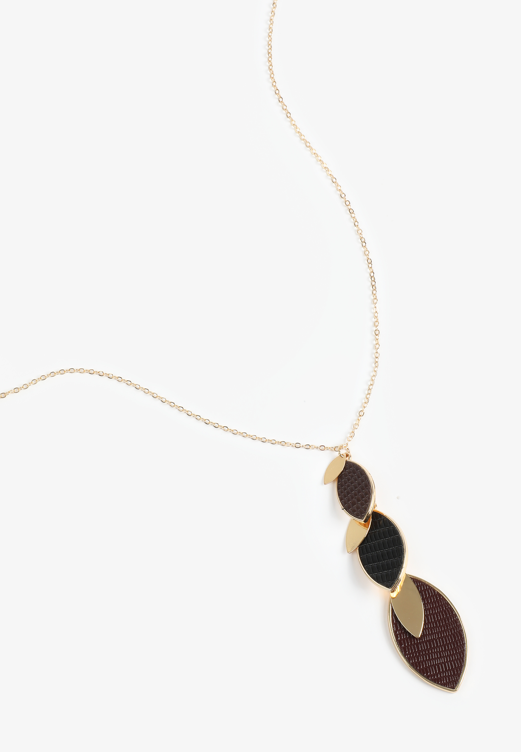 Faux Leather Black And Brown Leaf Linear Pendant Necklace