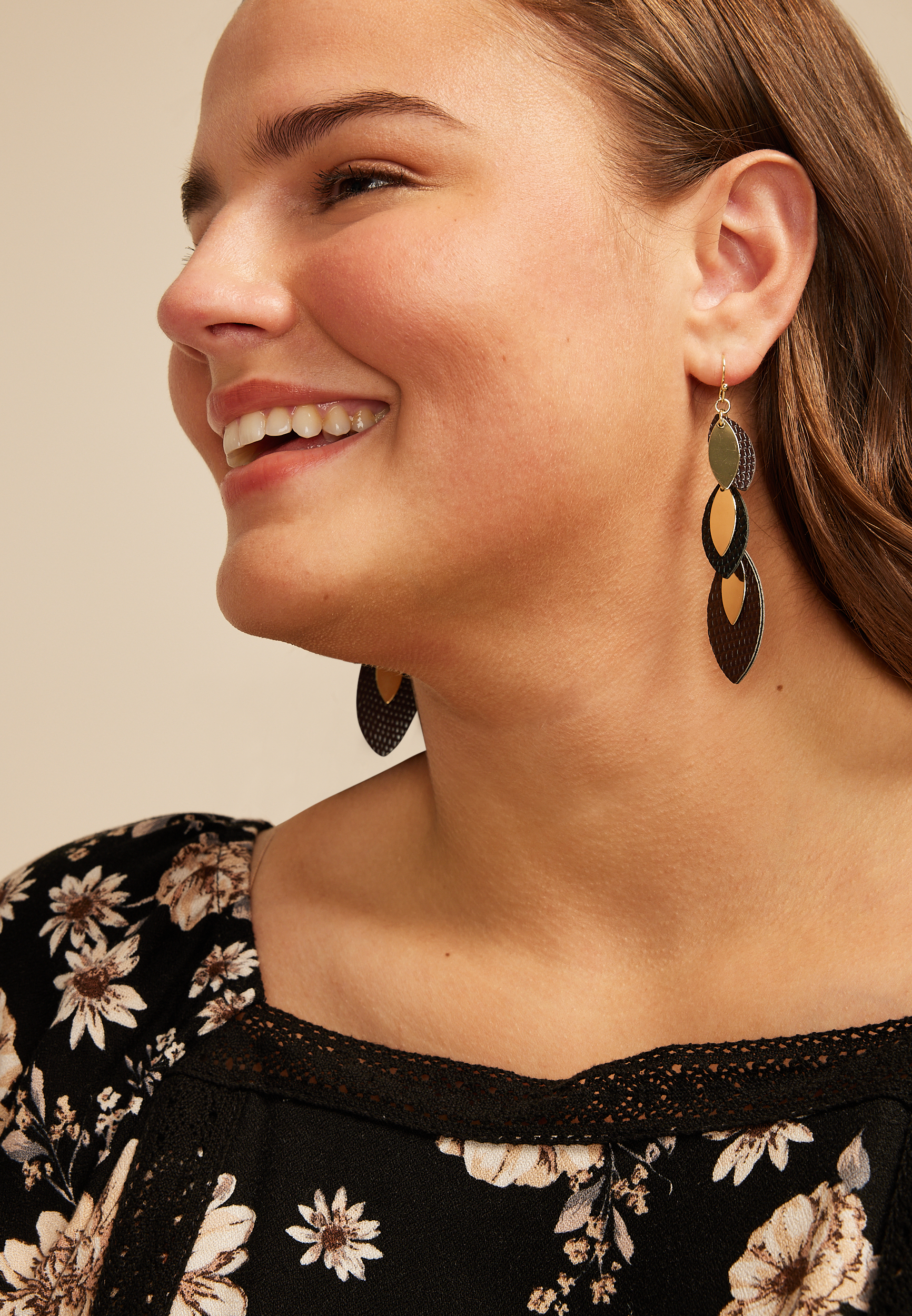 Faux Leather Black And Brown Leaf Linear Drop Earrings, C318, large