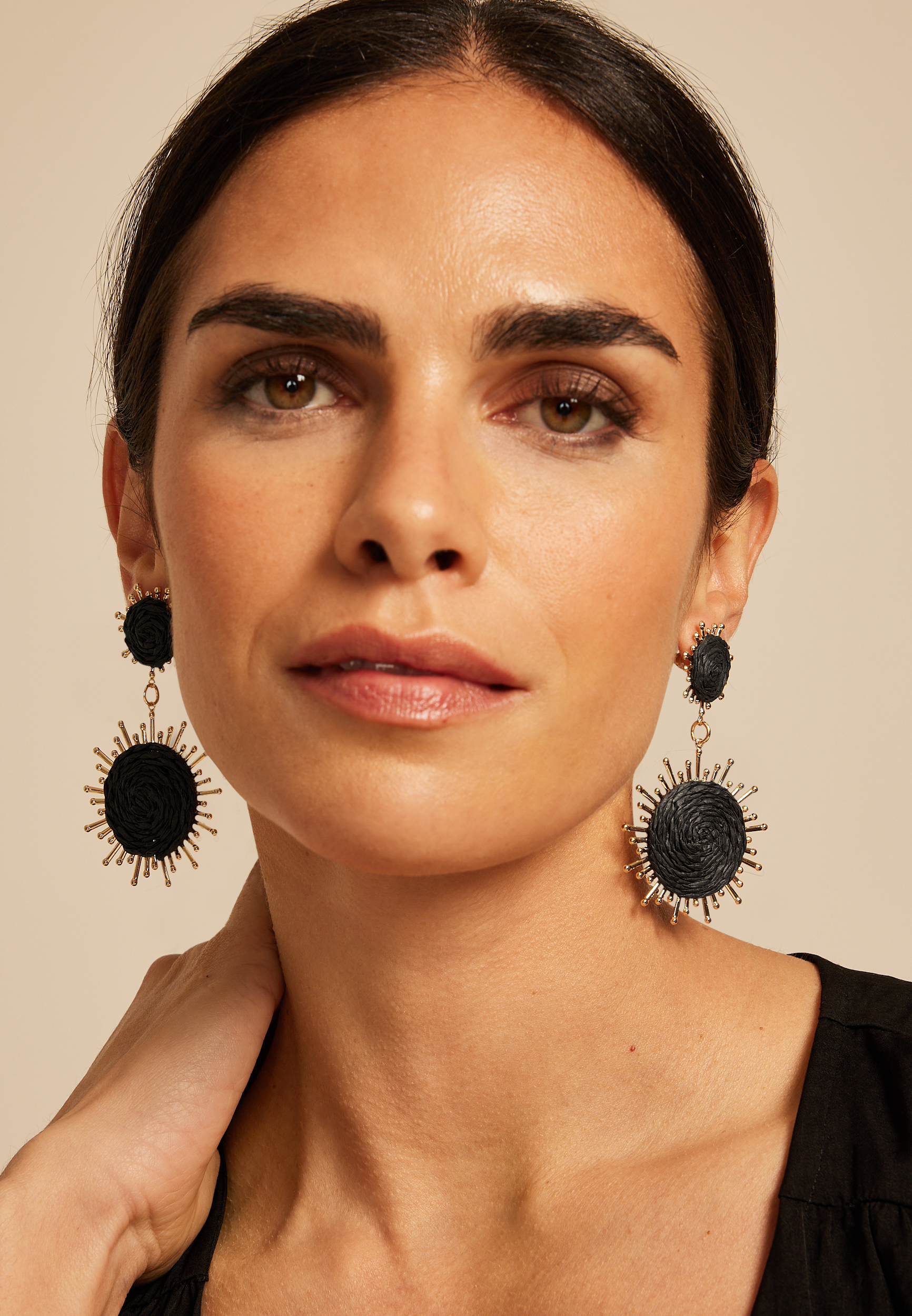 Gold And Black Raffia Sunburst Drop Earrings, C677, large
