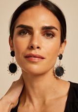 Gold And Black Raffia Sunburst Drop Earrings, C677, small