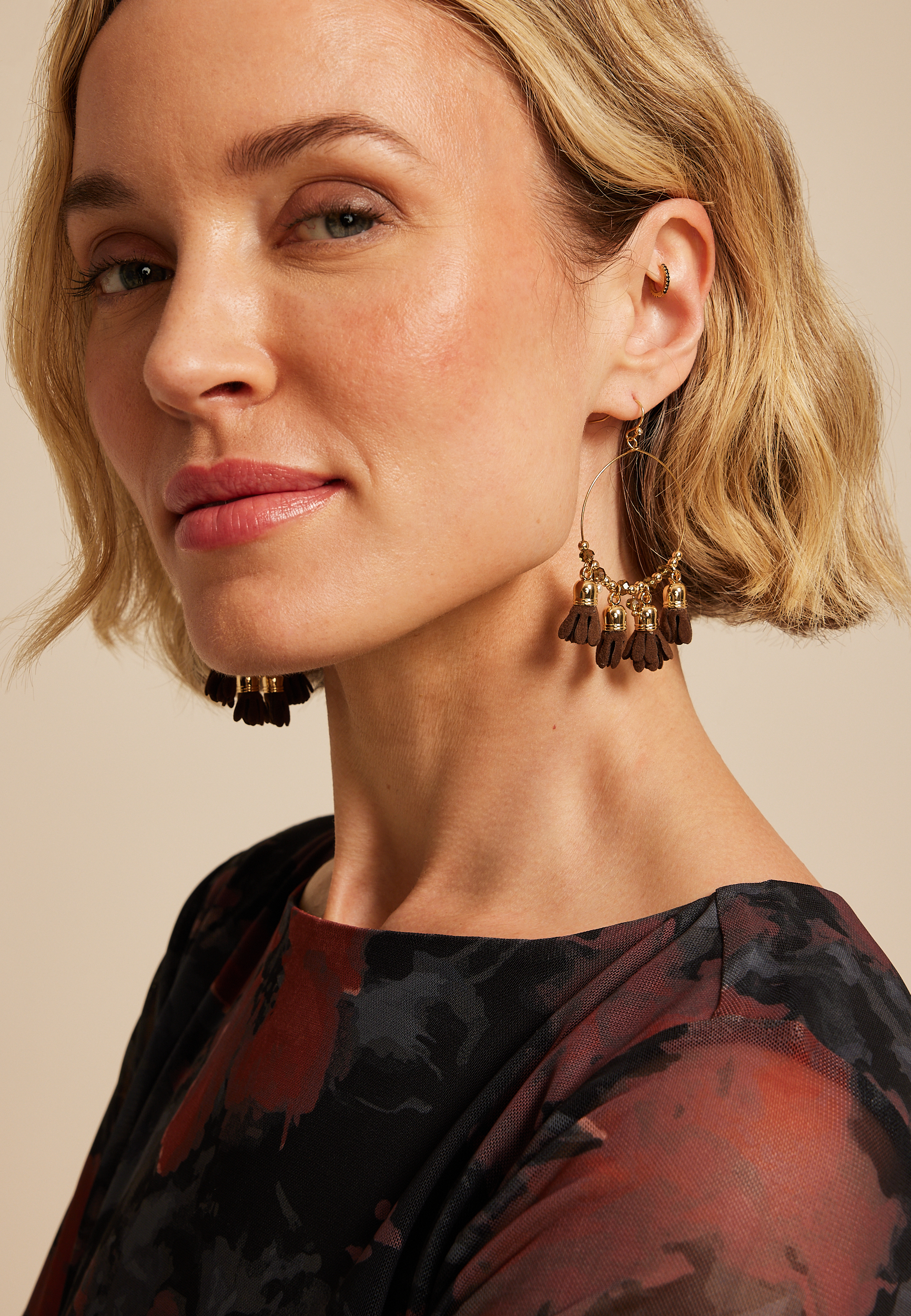 Dark Brown Faux Suede Floral Petal Hoops Earrings, C132, large