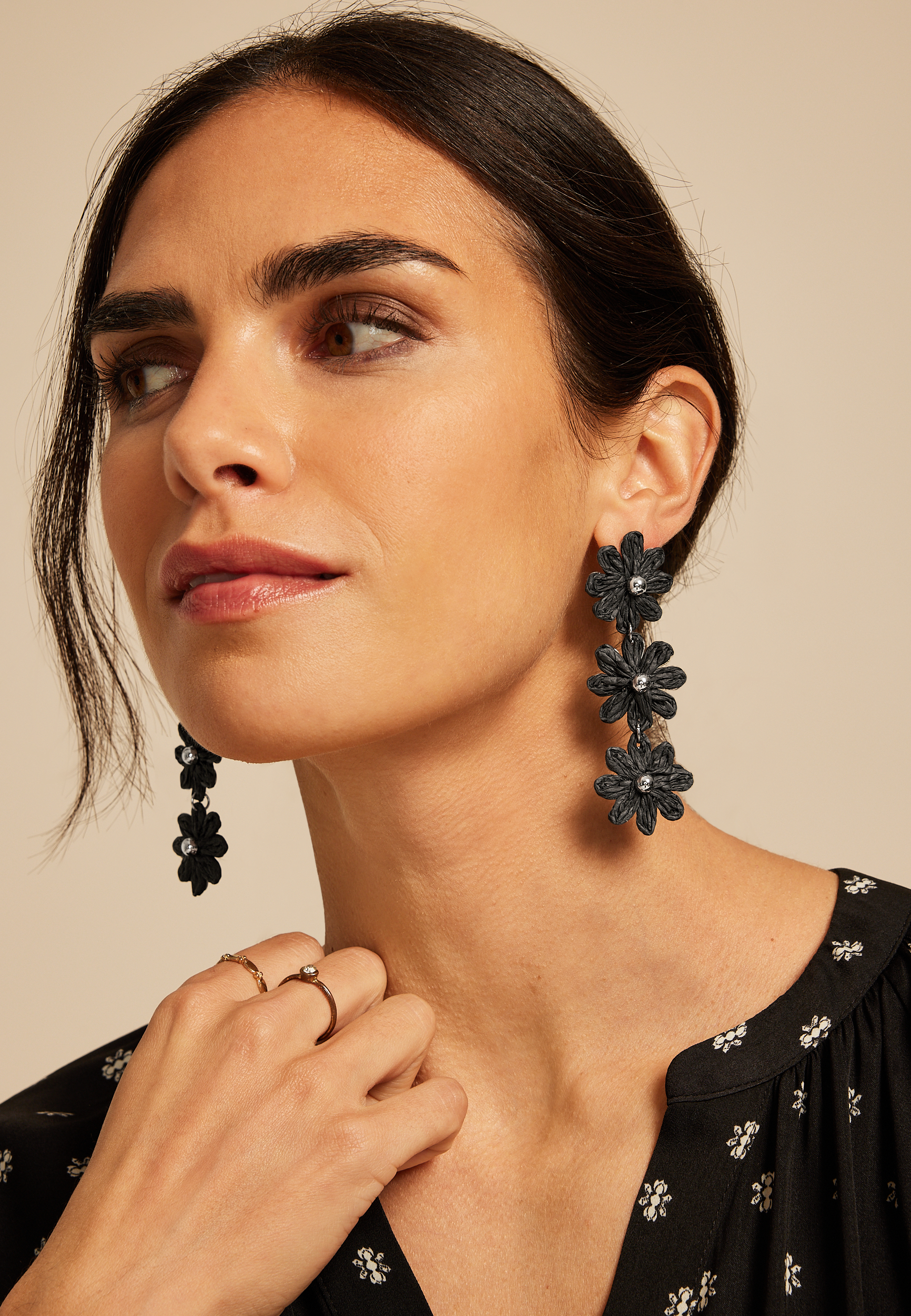 Black Triple Floral Raffia Drop Earrings, C106, large