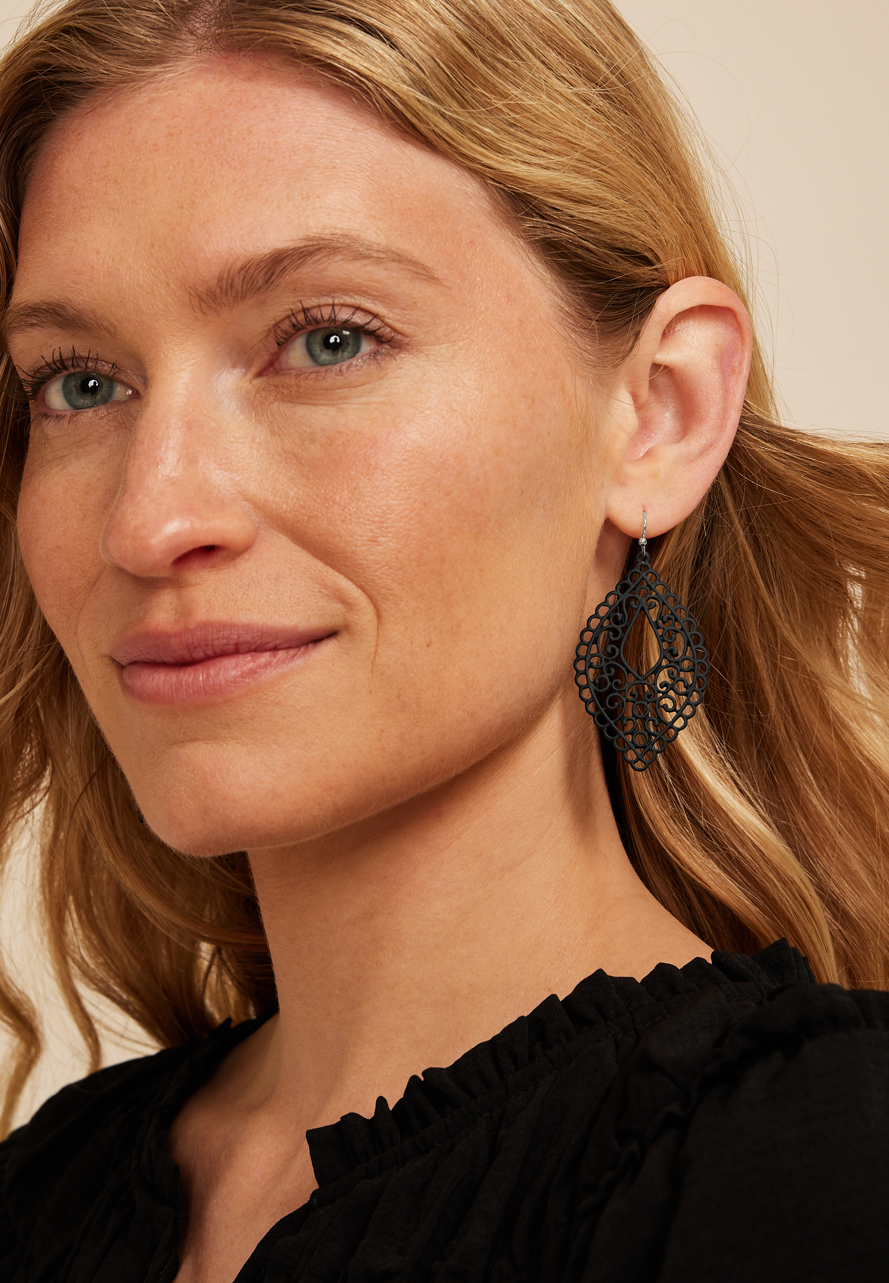 Matte Black Filigree Drop Earrings, C106, large