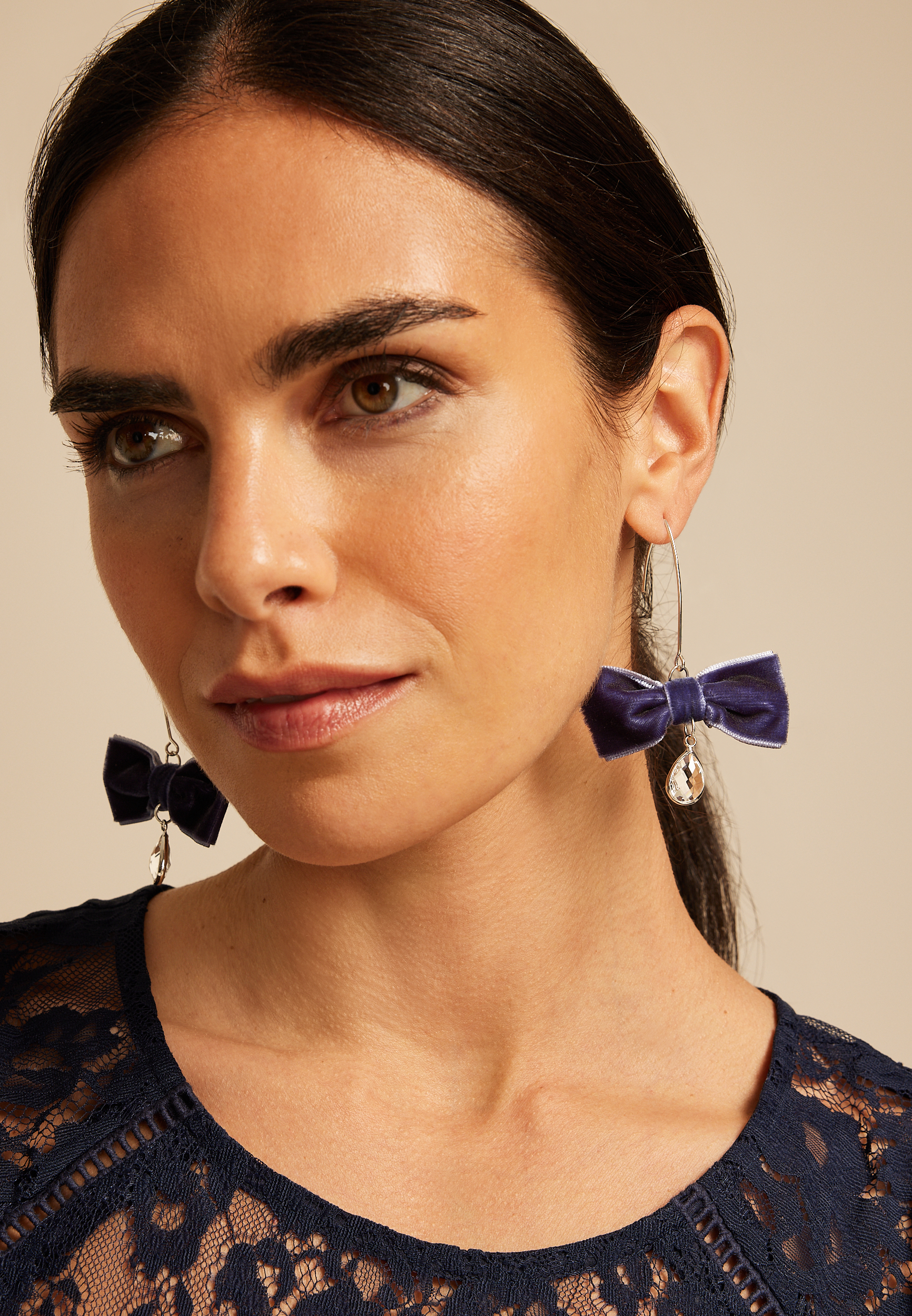 Navy Velvet Bow Earrings, , large