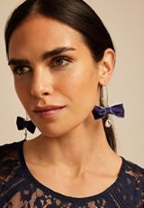 Navy Velvet Bow Earrings, , small