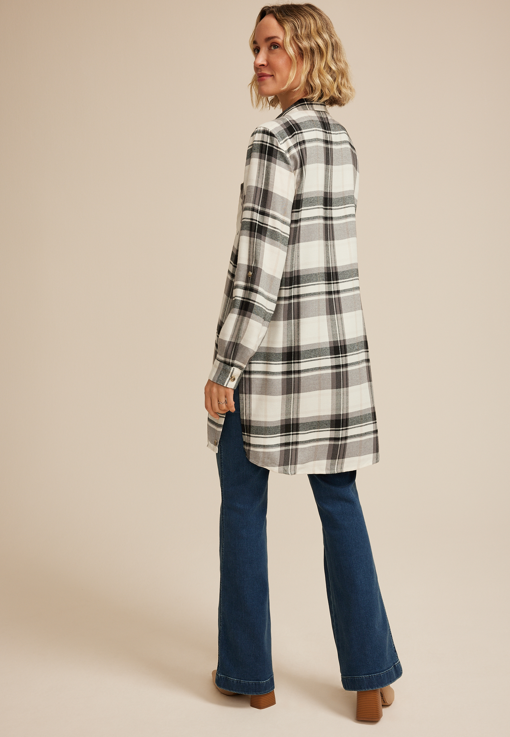 Gray Plaid Button Down Duster Shirt, C1755, large