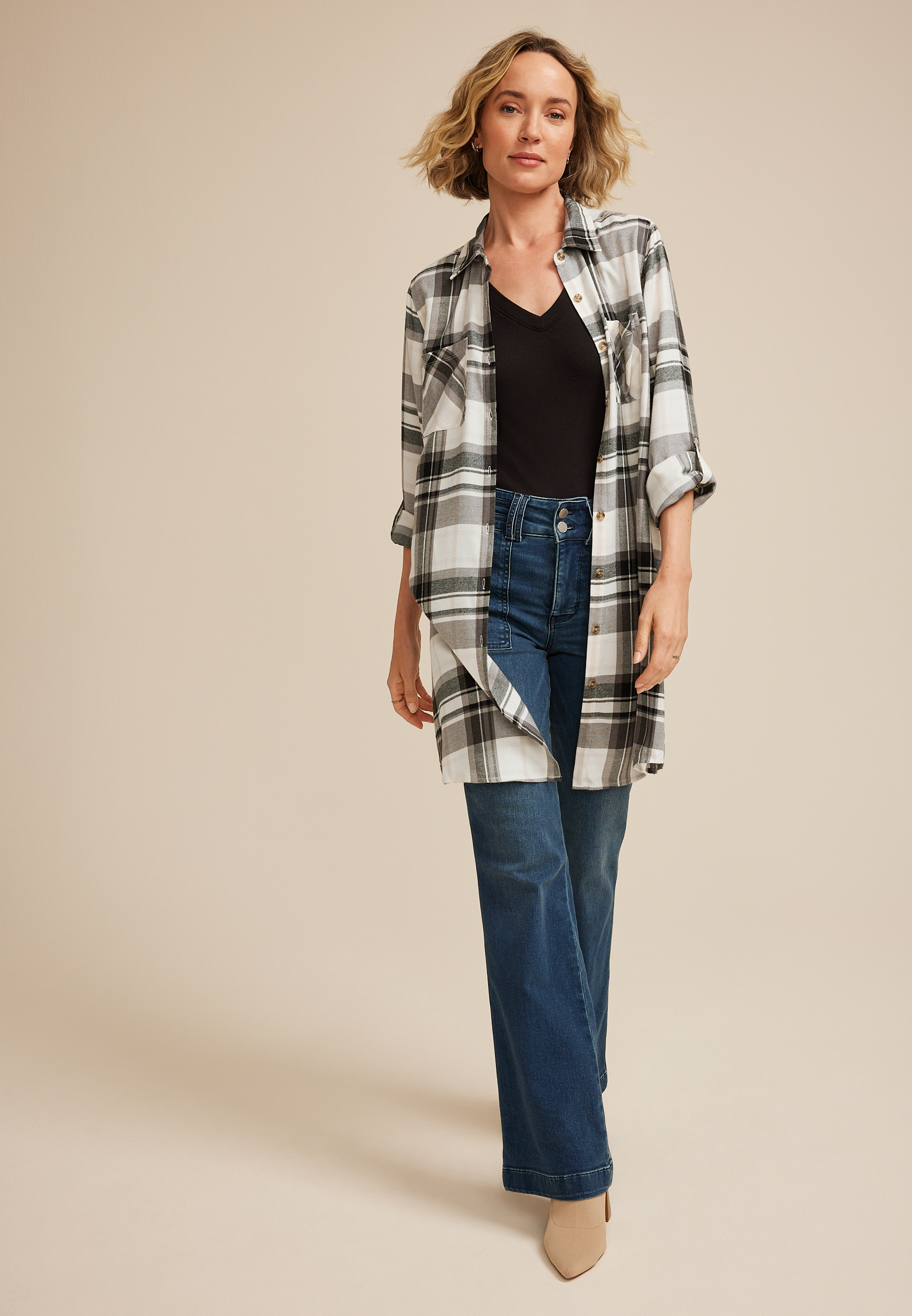 Gray Plaid Button Down Duster Shirt, C1755, large