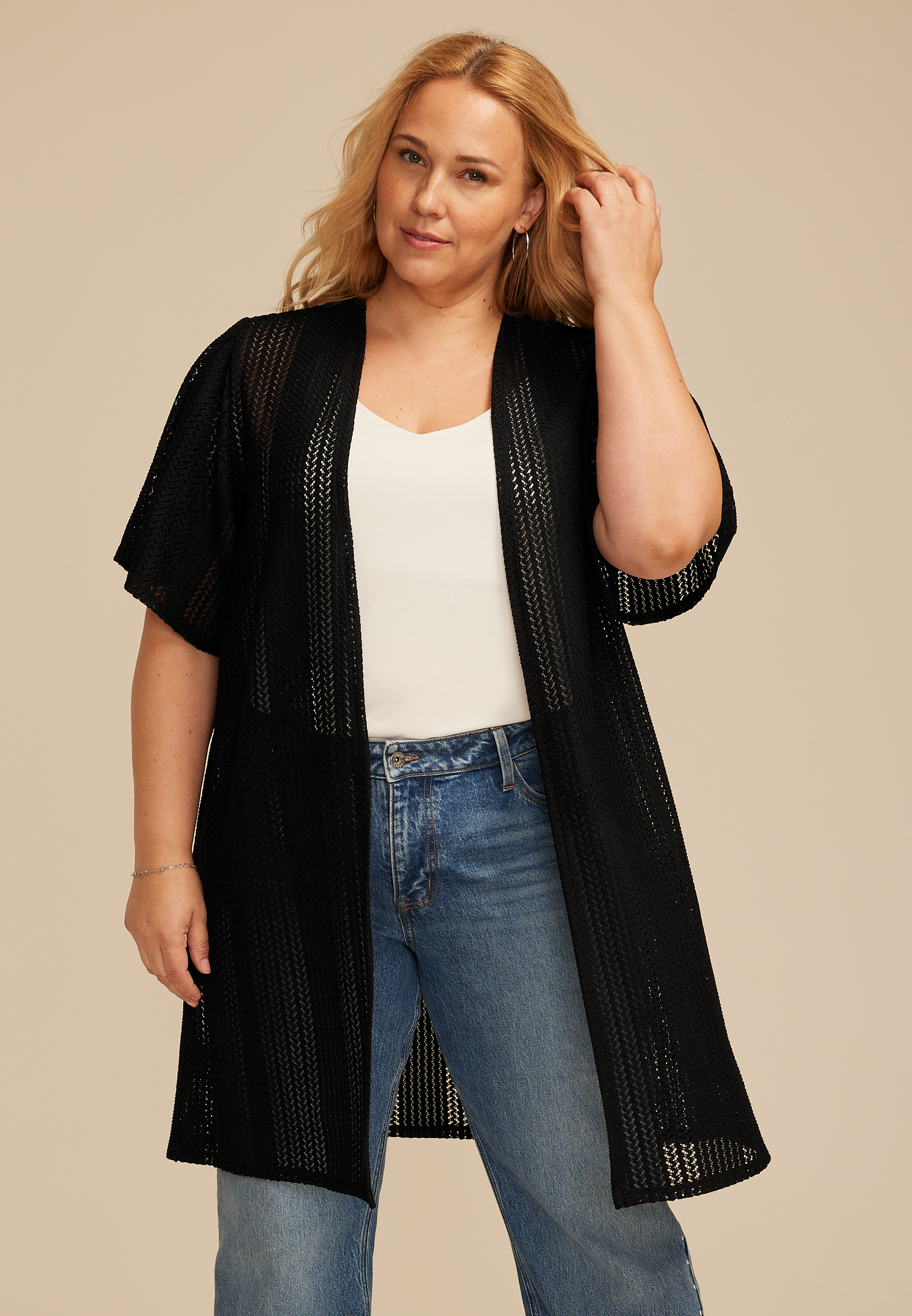Plus Size Black Sheer Short Sleeve Kimono