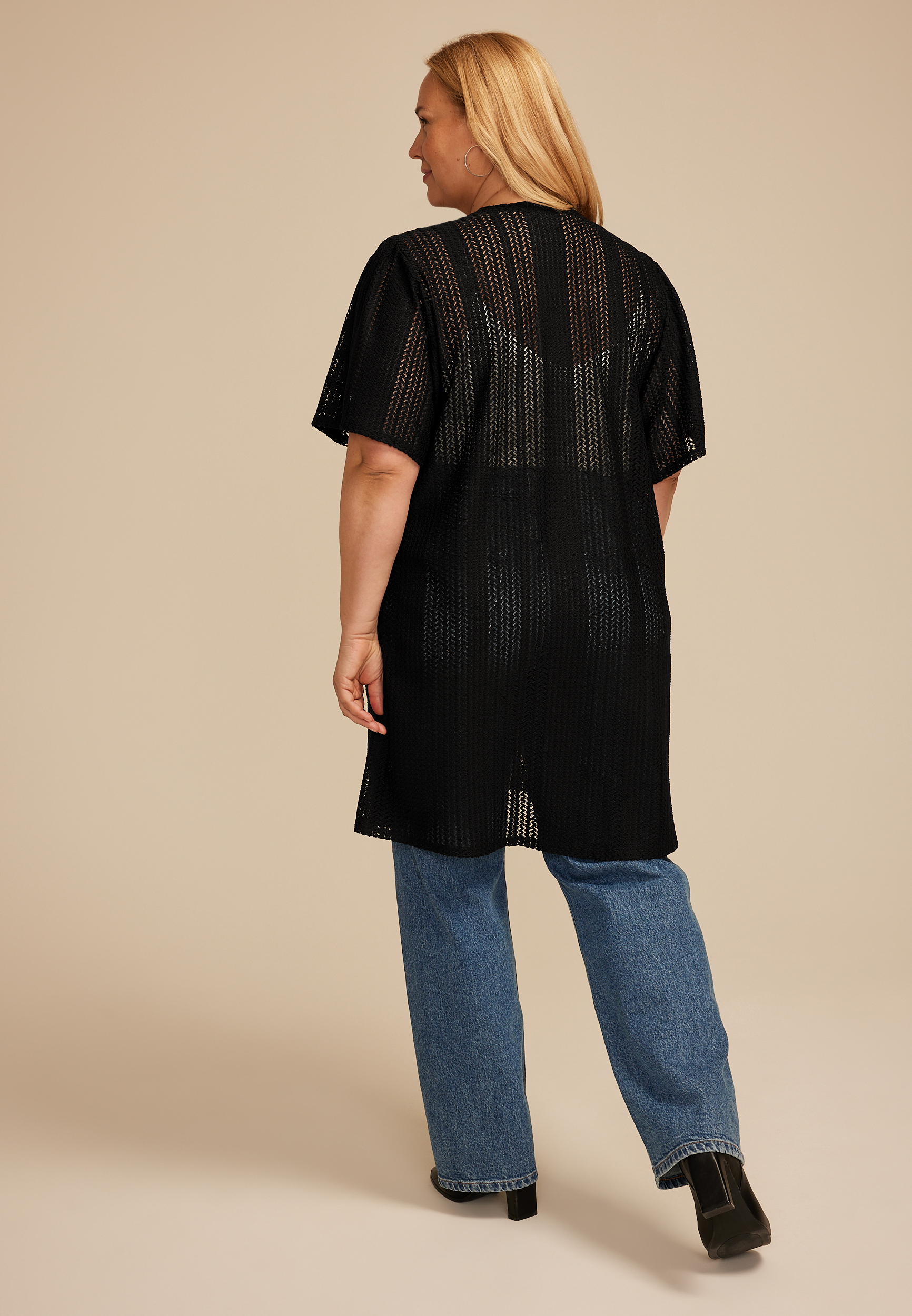 Plus Size Black Sheer Short Sleeve Kimono, C106, large