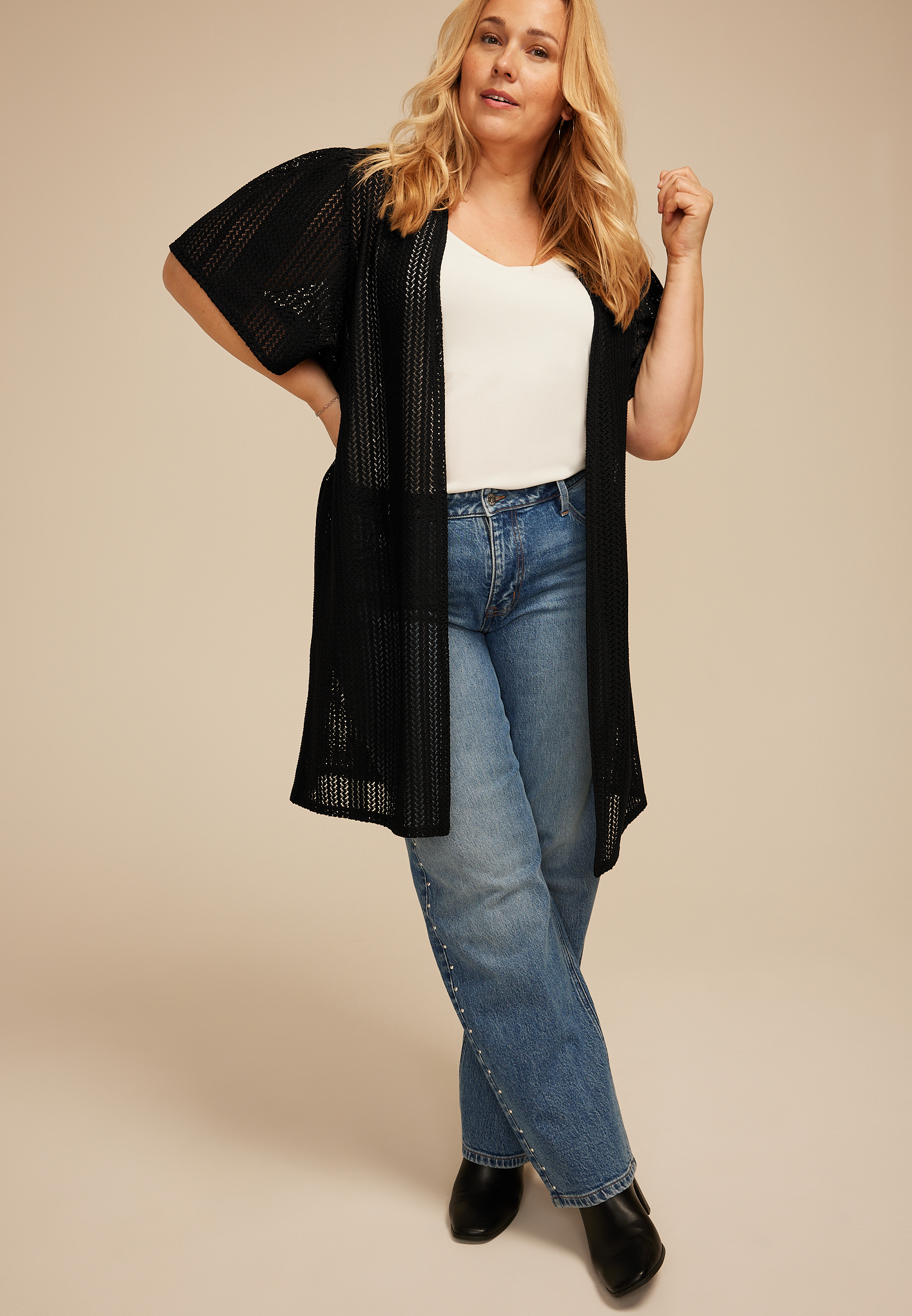Plus Size Black Sheer Short Sleeve Kimono, C106, large