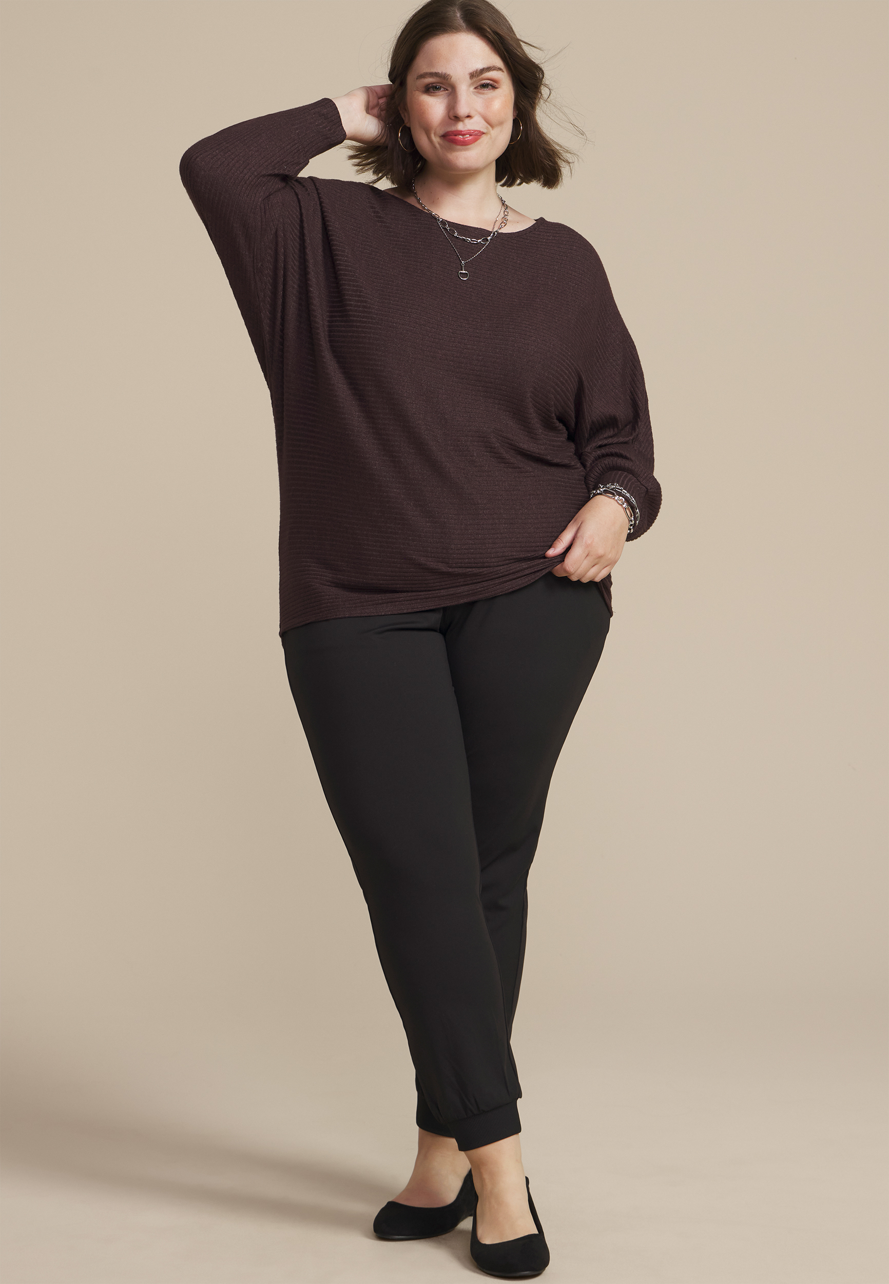 Plus Size 24/7 Dakota Horizontal Ribbed Dolman, MAPLE, large