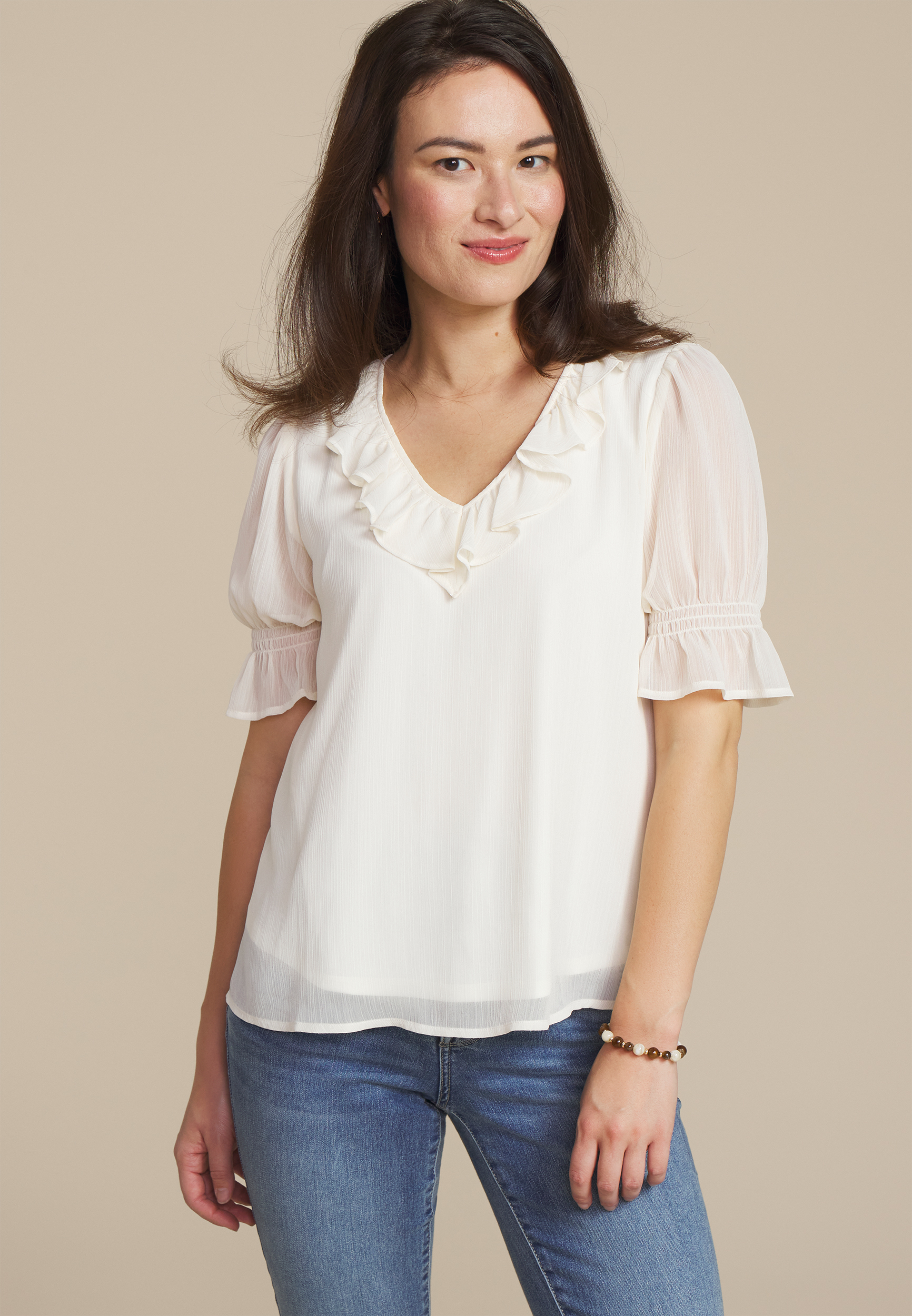 Cream Ruffled V Neck Blouse