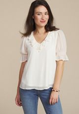 Cream Ruffled V Neck Blouse, C596, small