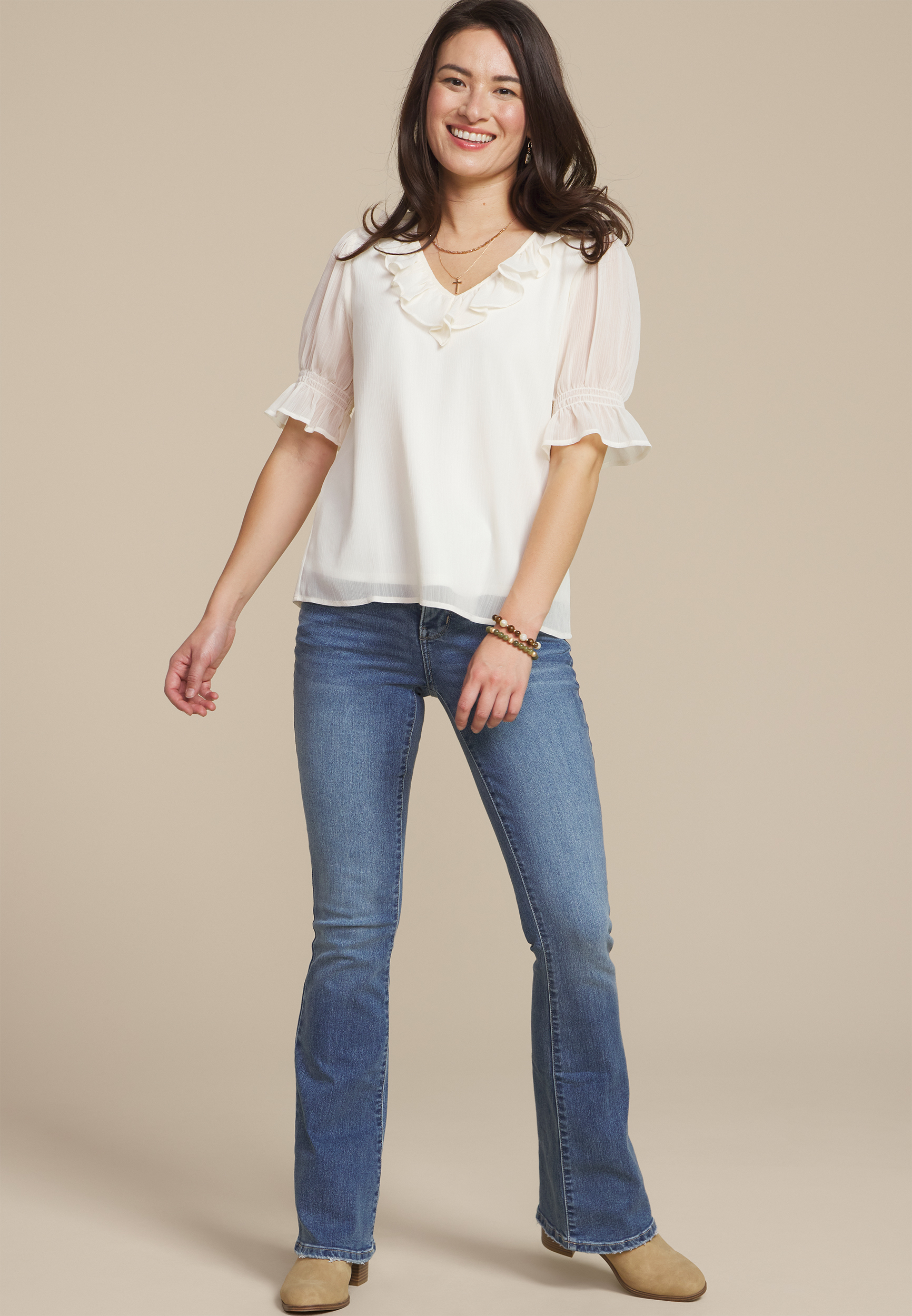 Cream Ruffled V Neck Blouse, C596, large