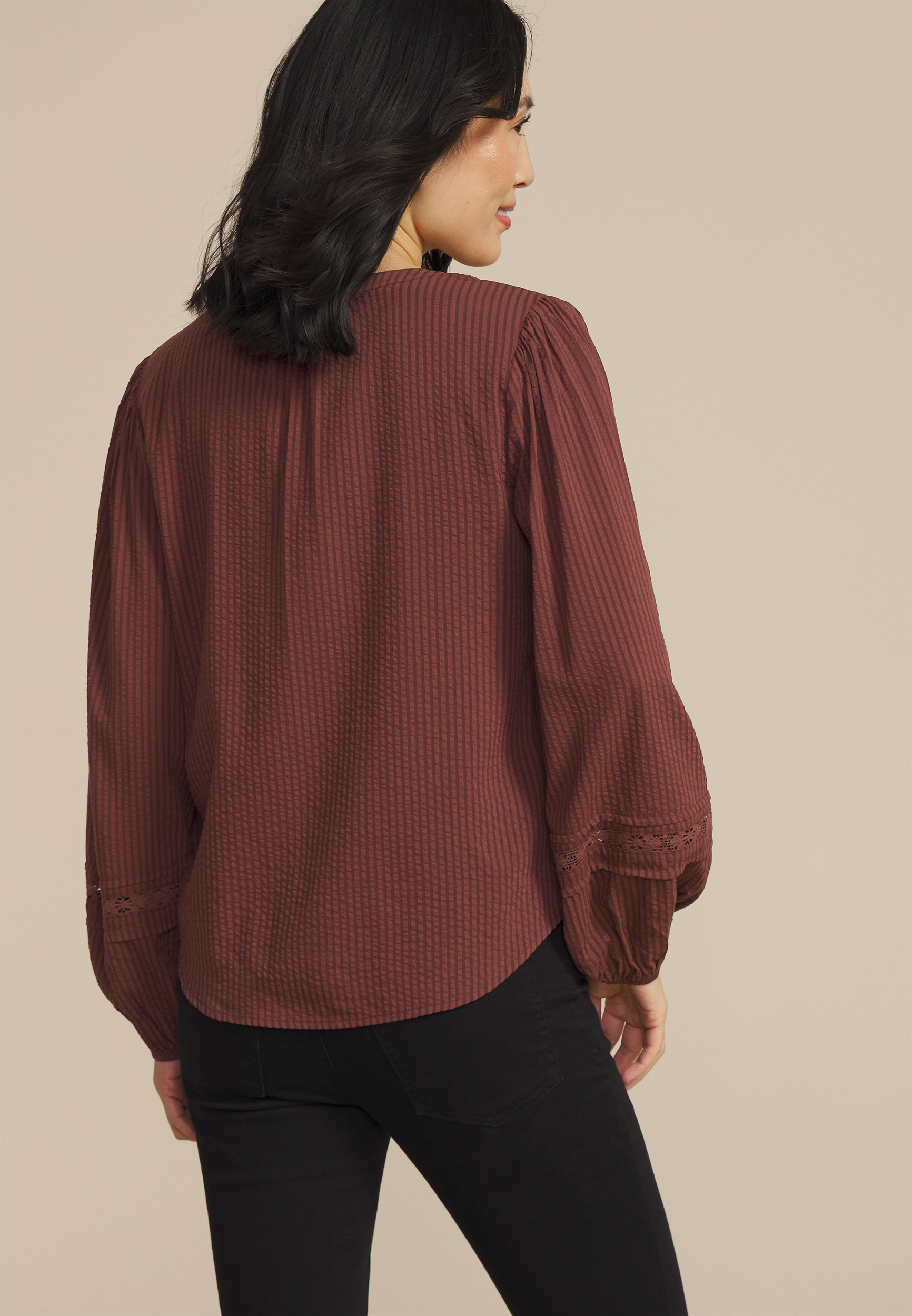Brown Shadow Striped Peasant Blouse, C115, large