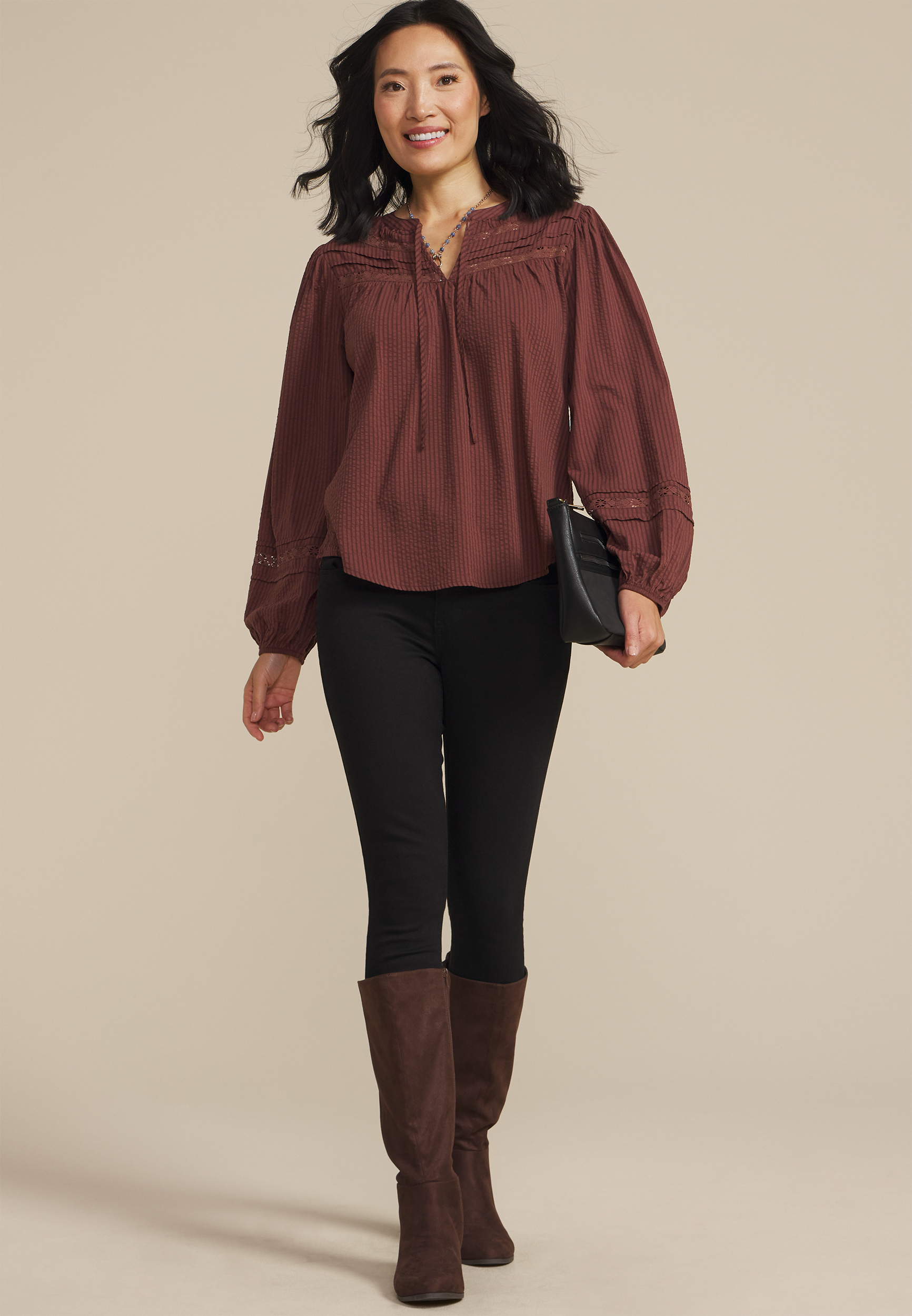 Brown Shadow Striped Peasant Blouse, C115, large