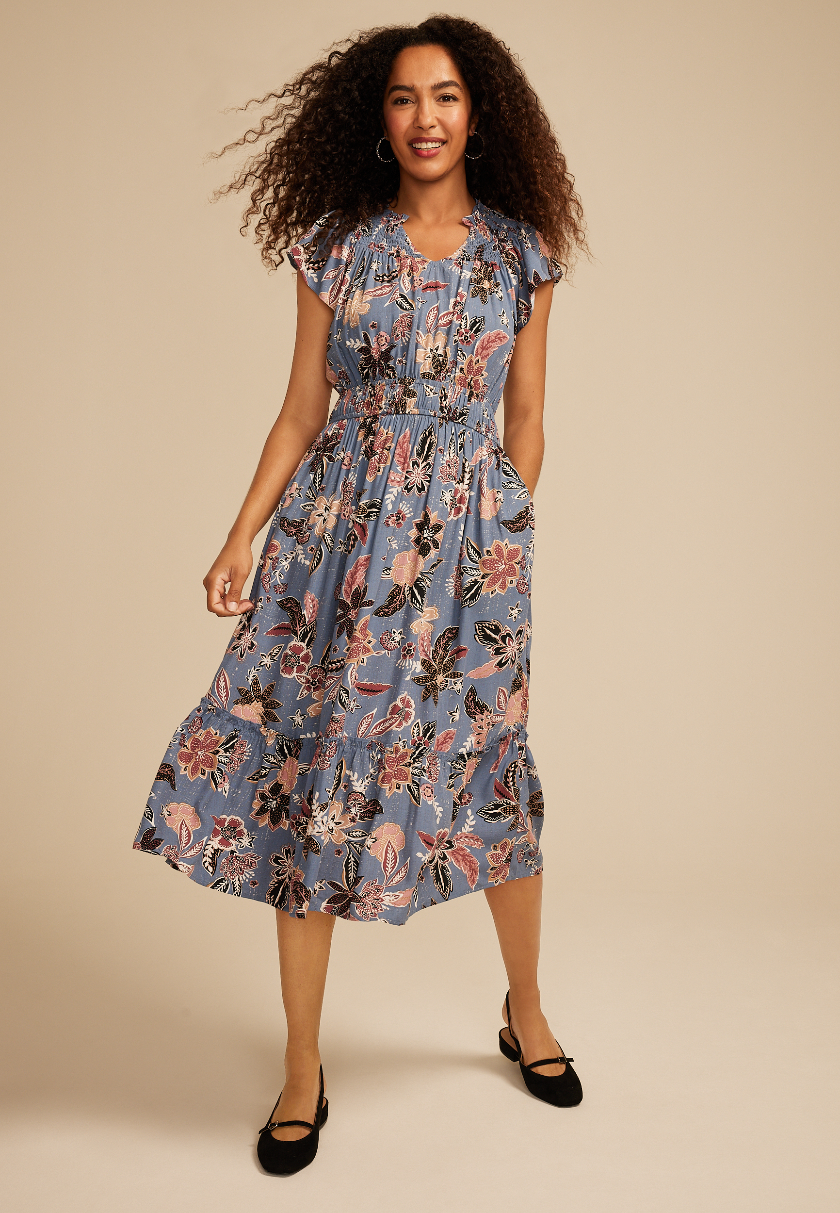 Blue Tiered Floral Print Midi Dress