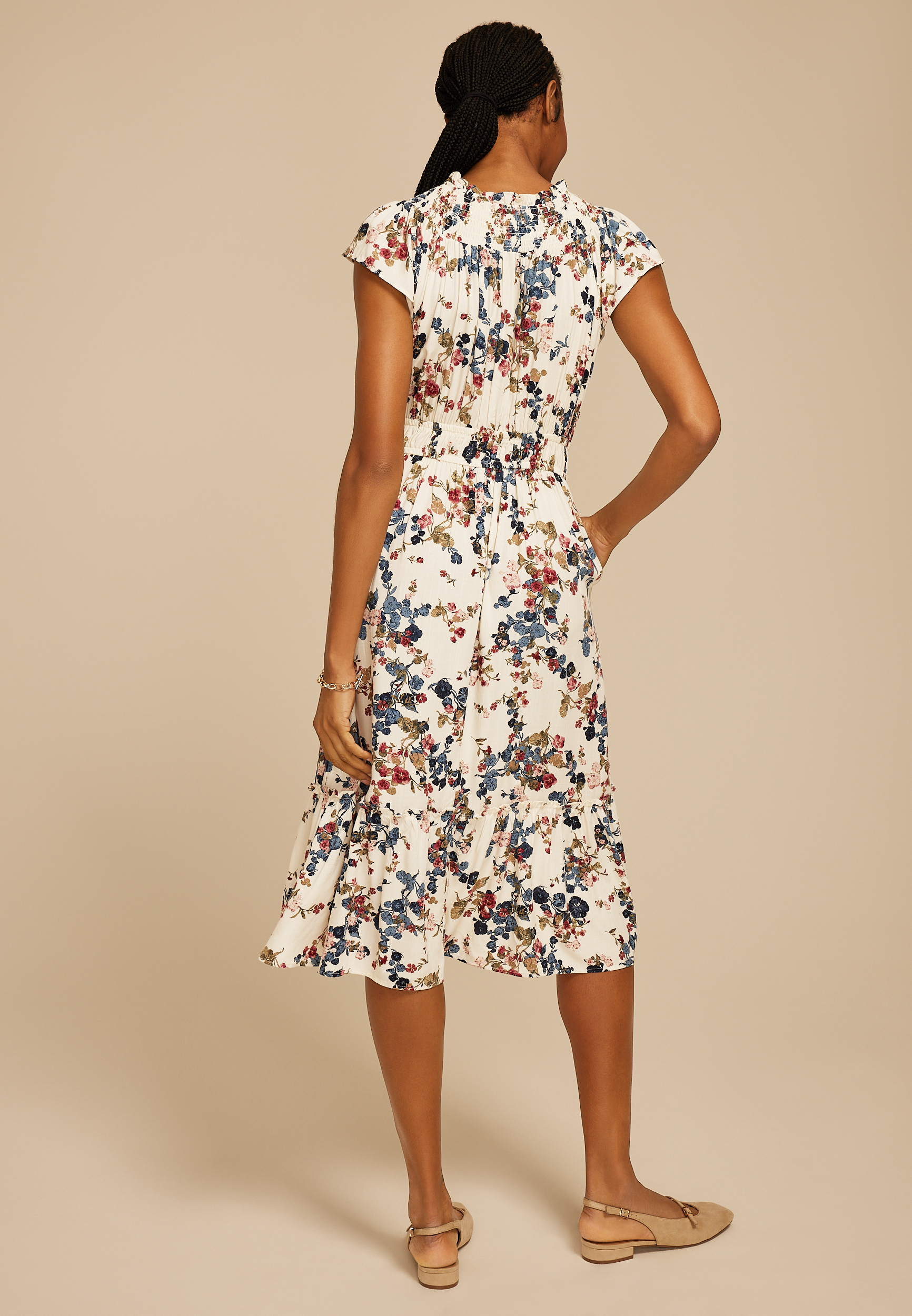Smocked Tiered Floral Print Midi Dress, C954, large