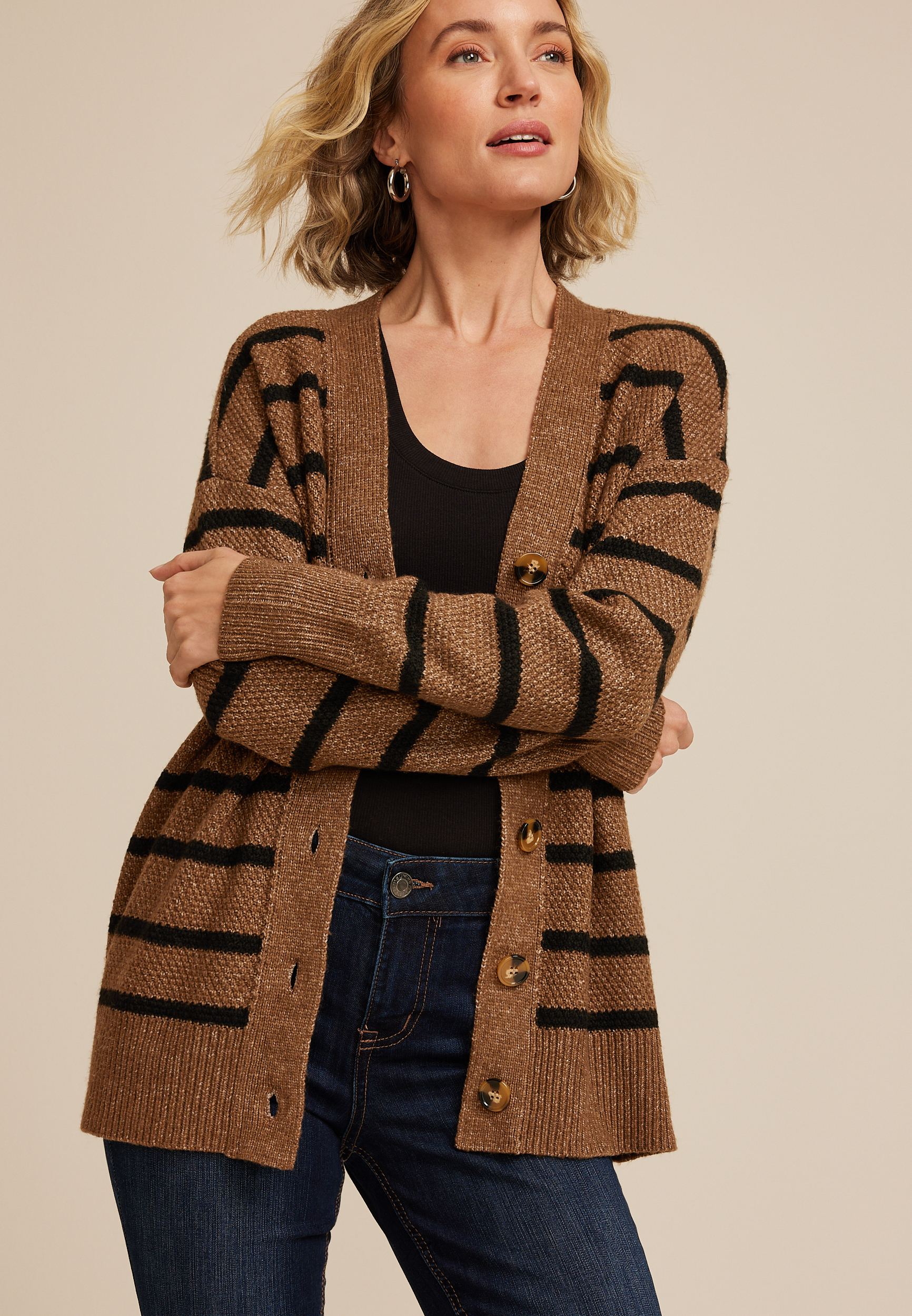 Striped Button Front Cardigan, C30, large