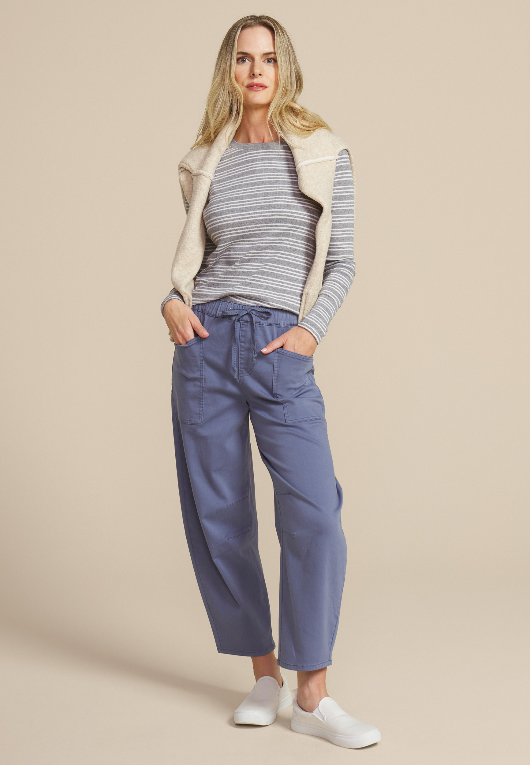 24/7 Striped Ada Ribbed Long Sleeve Tee, LIGHT HEATHER GRAY COMBO, large