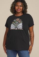 Plus Size Floral Book Classic Fit Graphic Tee, WASHED BLACK, small