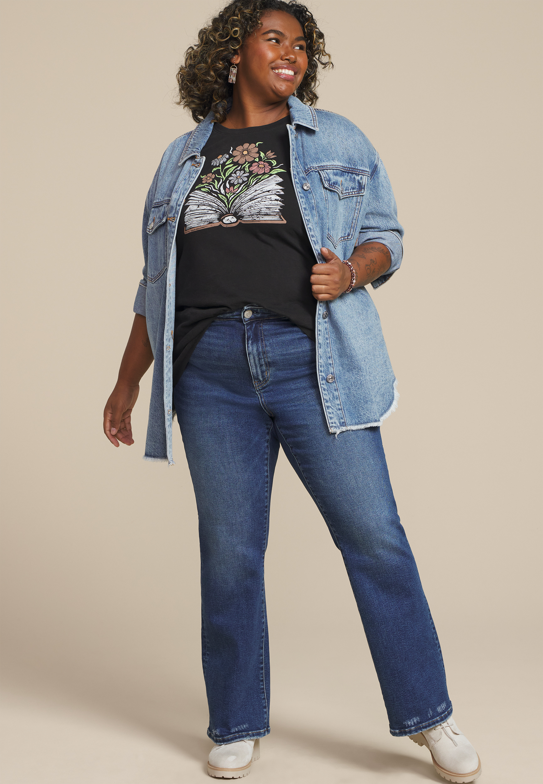 Plus Size Floral Book Classic Fit Graphic Tee, WASHED BLACK, large