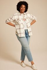 Plus Size Shorty Utility Plaid Button Down Shirt, ANTIQUE WHITE COMBO, small
