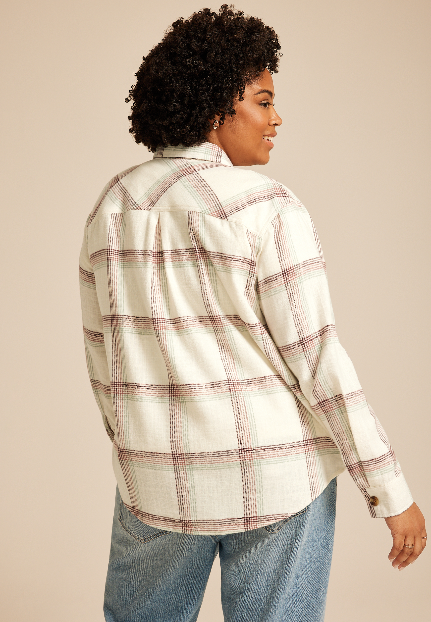 Plus Size Shorty Utility Plaid Button Down Shirt, ANTIQUE WHITE COMBO, large