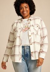 Plus Size Shorty Utility Plaid Button Down Shirt, ANTIQUE WHITE COMBO, small