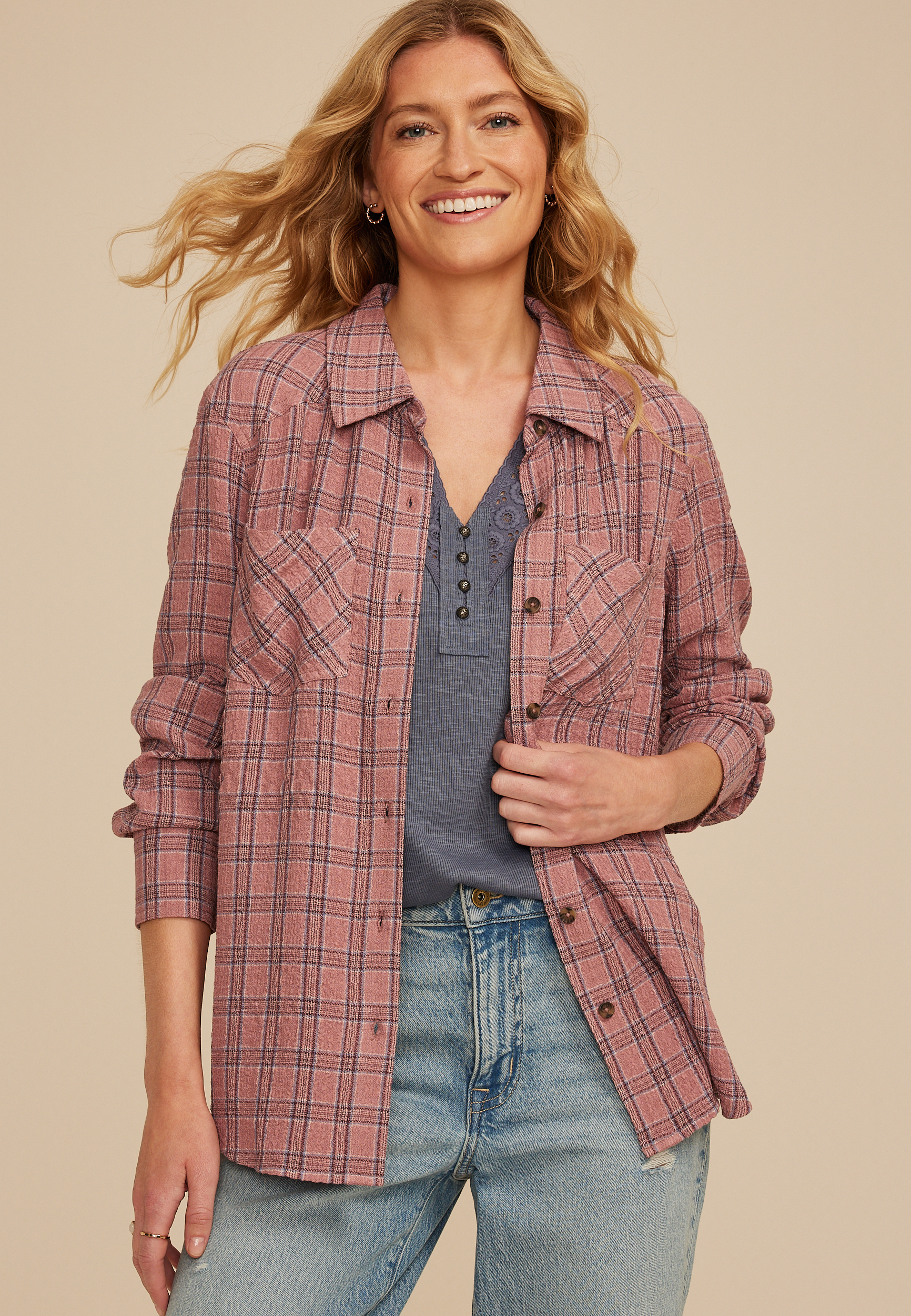 Pucker Plaid Button Down Shirt