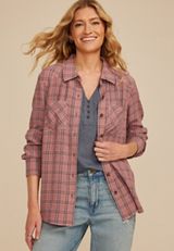 Pucker Plaid Button Down Shirt, SOFT MAUVE COMBO, small