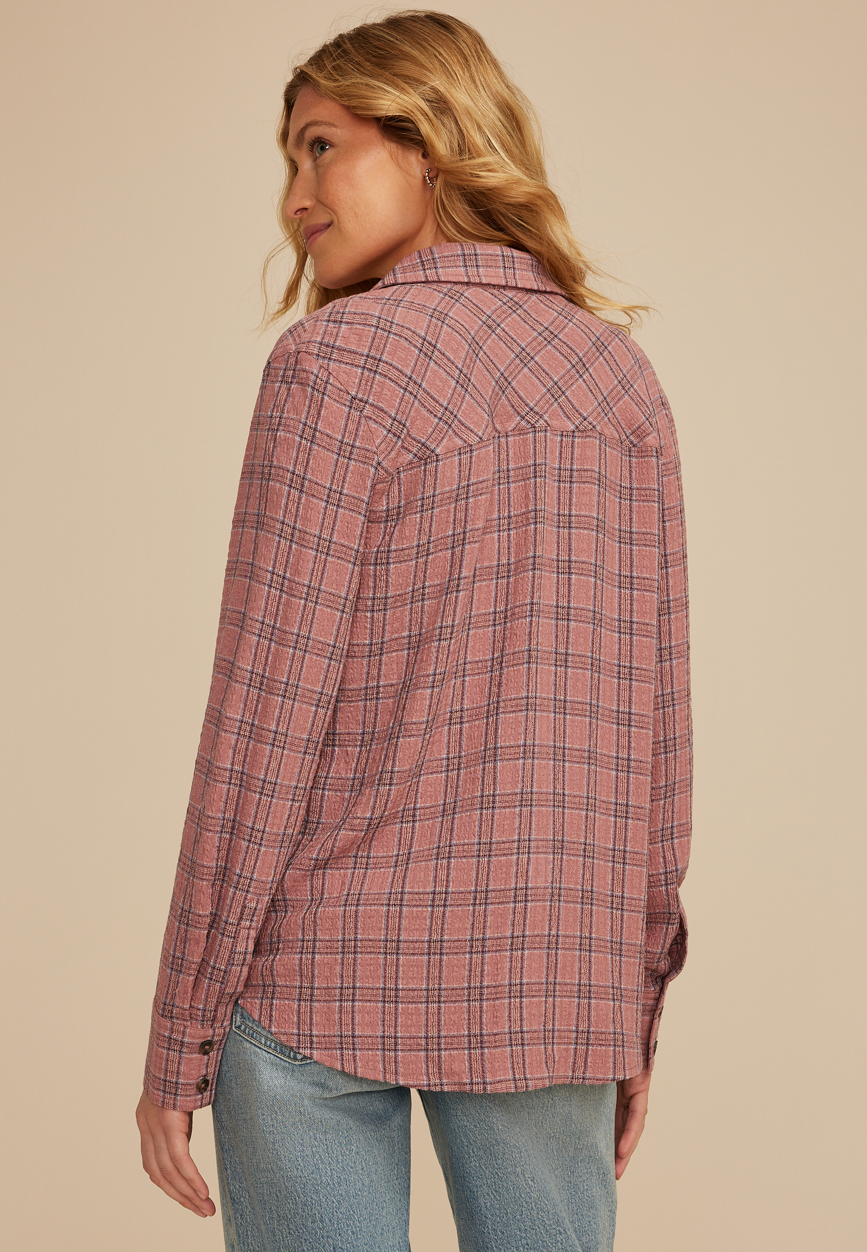 Pucker Plaid Button Down Shirt, SOFT MAUVE COMBO, large