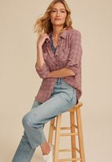 Pucker Plaid Button Down Shirt, SOFT MAUVE COMBO, small
