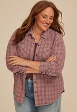 Plus Size Pucker Plaid Button Down Shirt, SOFT MAUVE COMBO, small