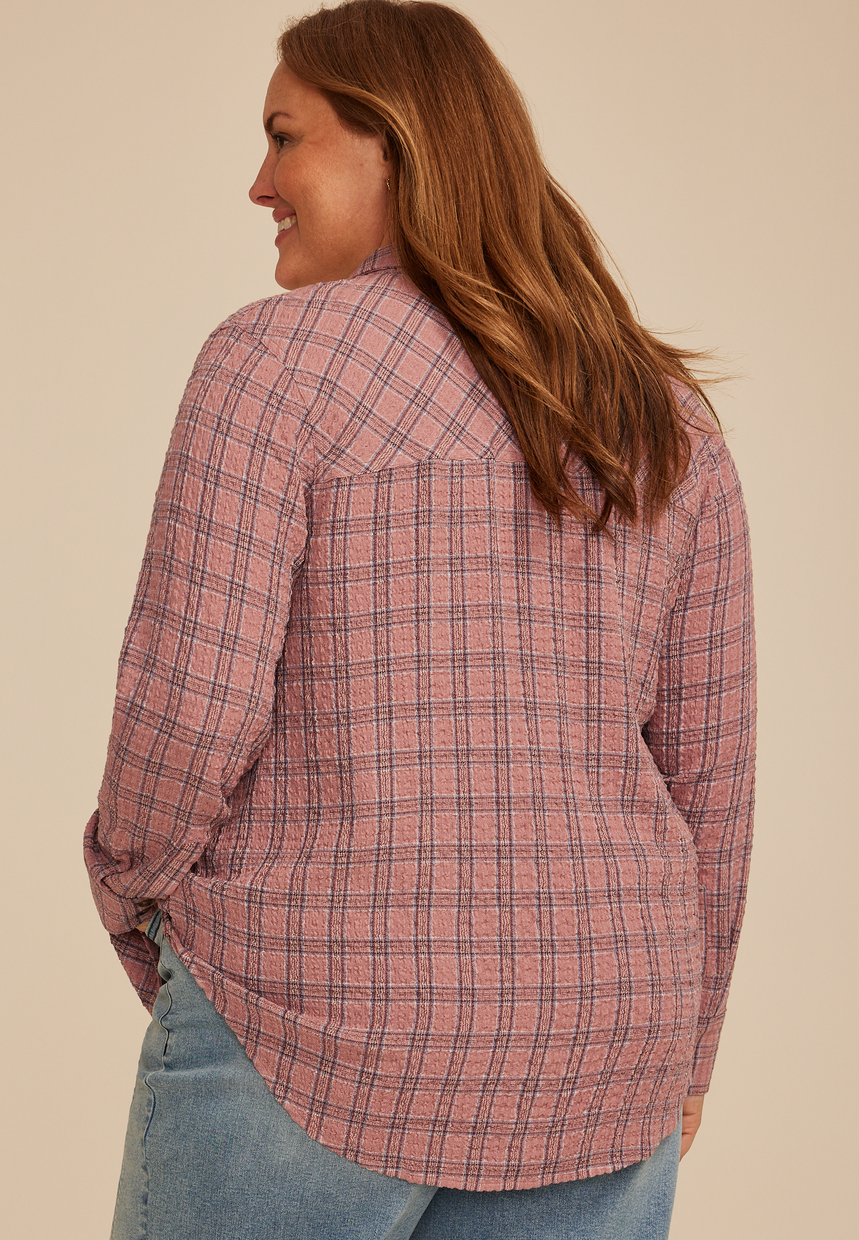 Plus Size Pucker Plaid Button Down Shirt, SOFT MAUVE COMBO, large