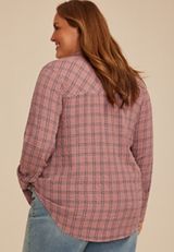 Plus Size Pucker Plaid Button Down Shirt, SOFT MAUVE COMBO, small
