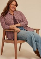 Plus Size Pucker Plaid Button Down Shirt, SOFT MAUVE COMBO, small
